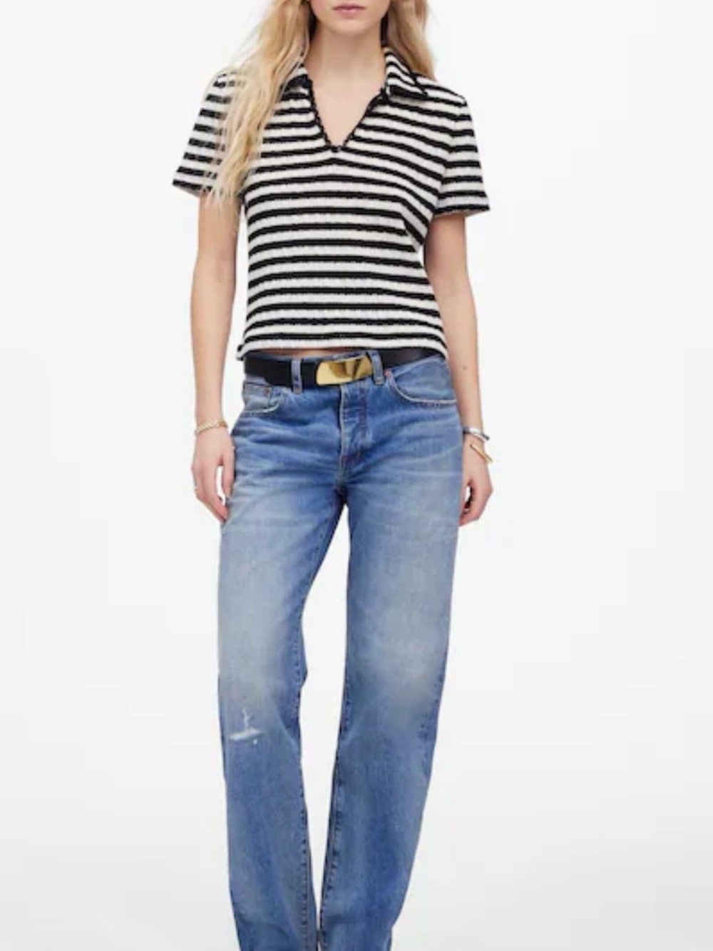 Madewell‎ Stripe Crochet-Knit V-Neck Sweater Tee Classic Feminine Preppy - Picture 2 of 12